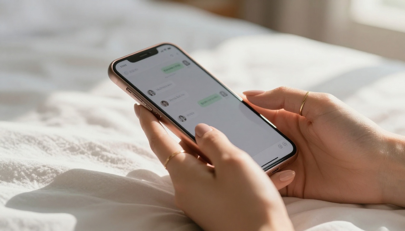Hands holding a smartphone with a chat interface