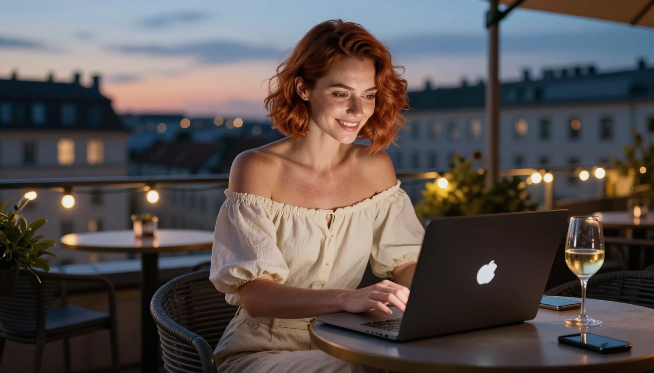 Woman at rooftop cafe with laptop at dusk