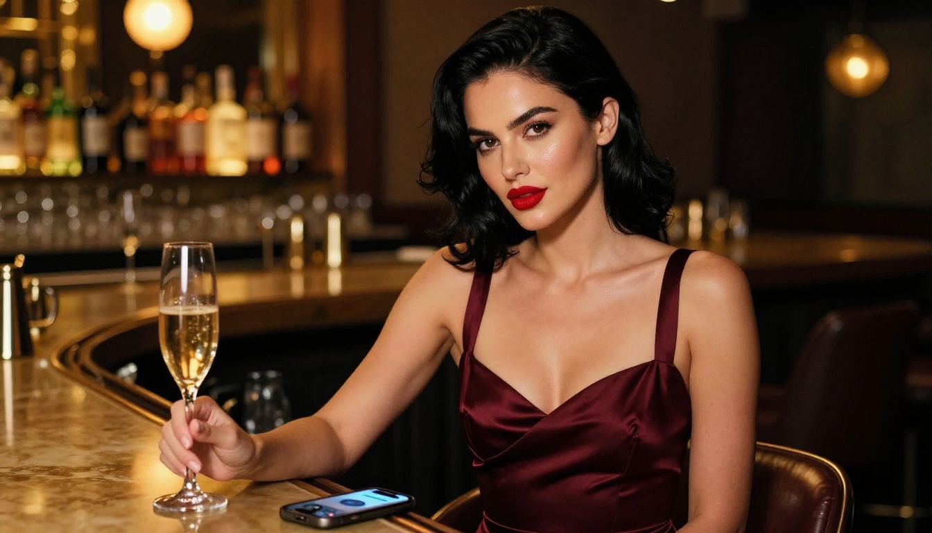 Woman in glamorous evening setting at a luxury bar