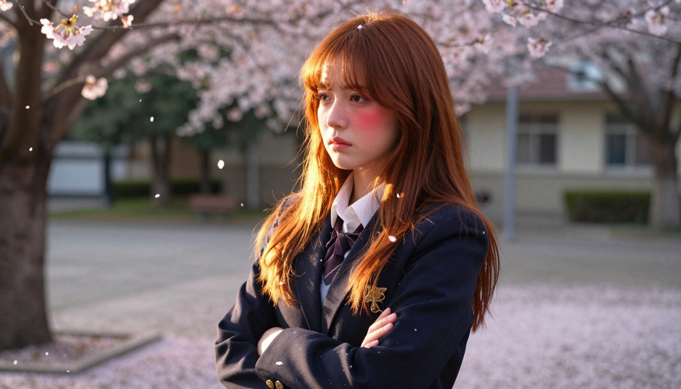 Tsundere personality type: a young woman with auburn hair, arms crossed, flushed cheeks in a school courtyard at golden hour Tsundere personality type: a young woman with auburn hair, arms crossed, flushed cheeks in a school courtyard at golden hour