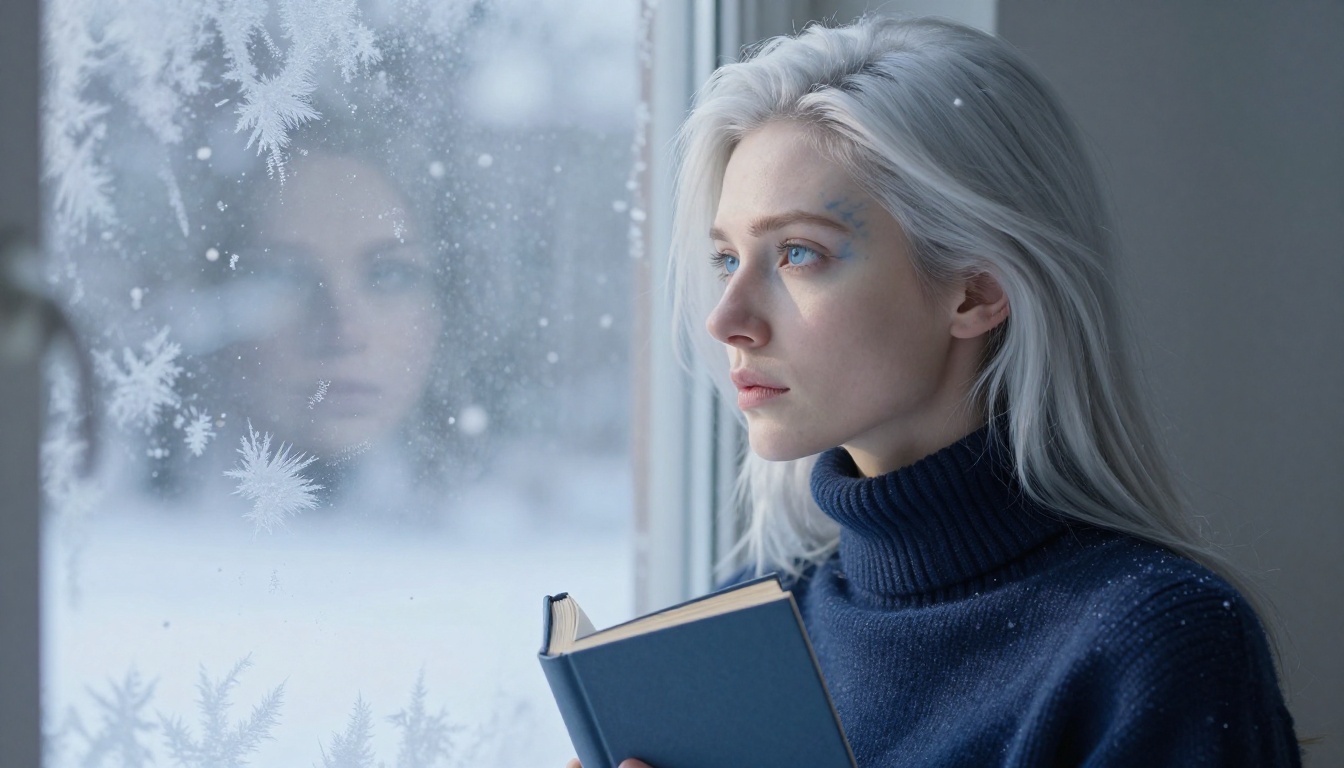 Kuudere personality type: a woman with silver-white hair standing at a frosted library window, calm and unreadable expression Kuudere personality type: a woman with silver-white hair standing at a frosted library window, calm and unreadable expression