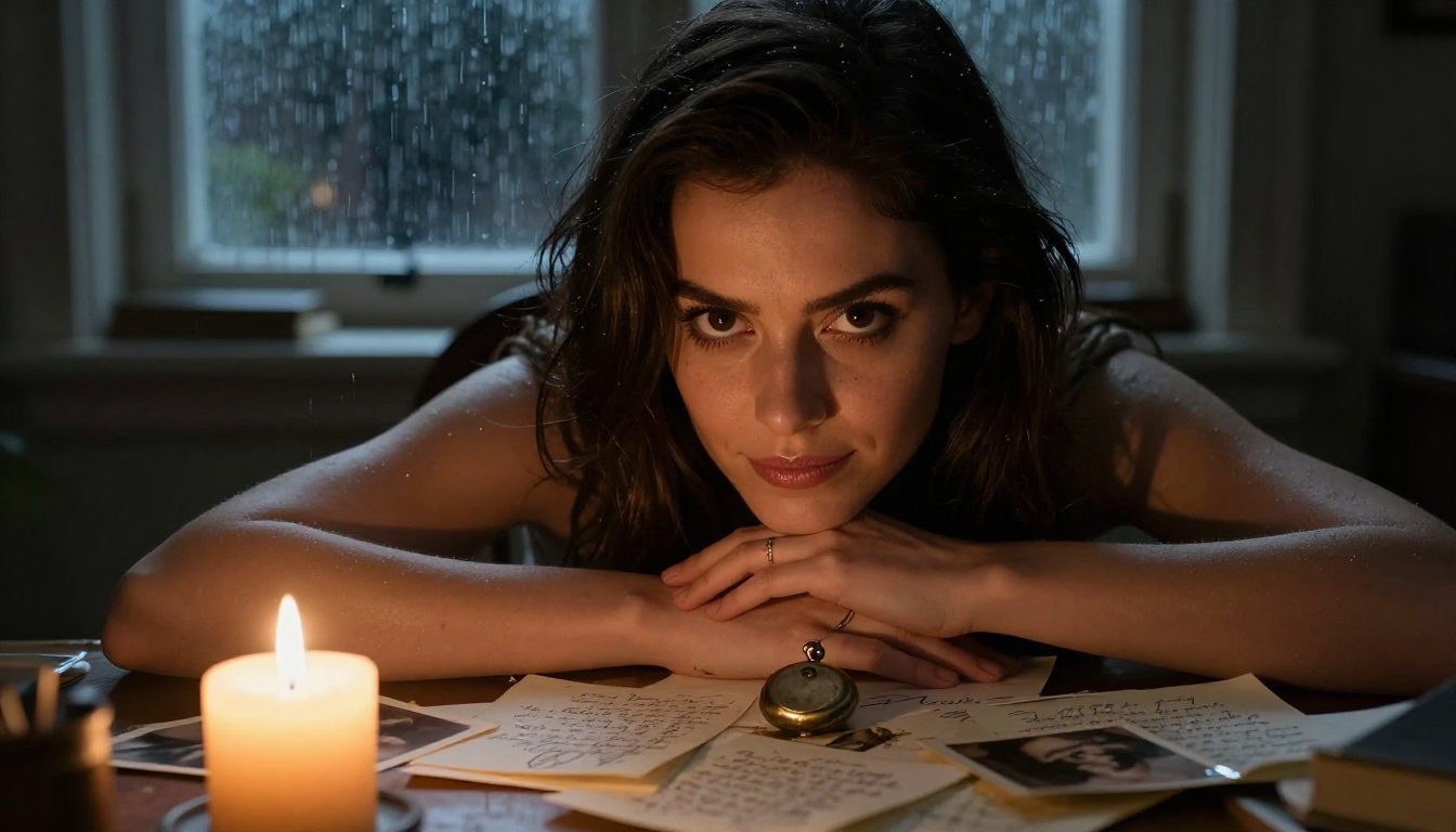 Yandere personality type: a woman with dark eyes sitting at a candlelit desk surrounded by photographs, holding a locket Yandere personality type: a woman with dark eyes sitting at a candlelit desk surrounded by photographs, holding a locket