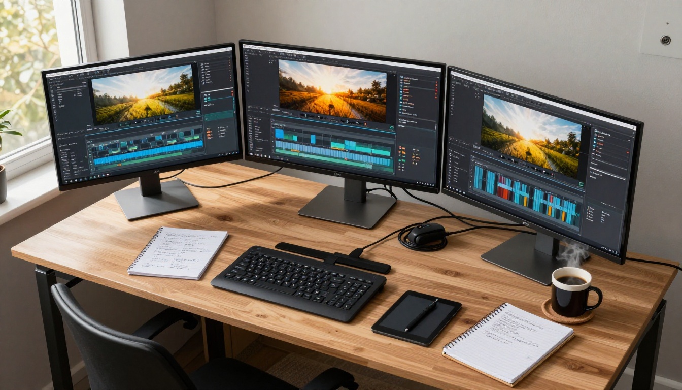 Aerial view of a creative professional working on a multi-monitor video editing workstation