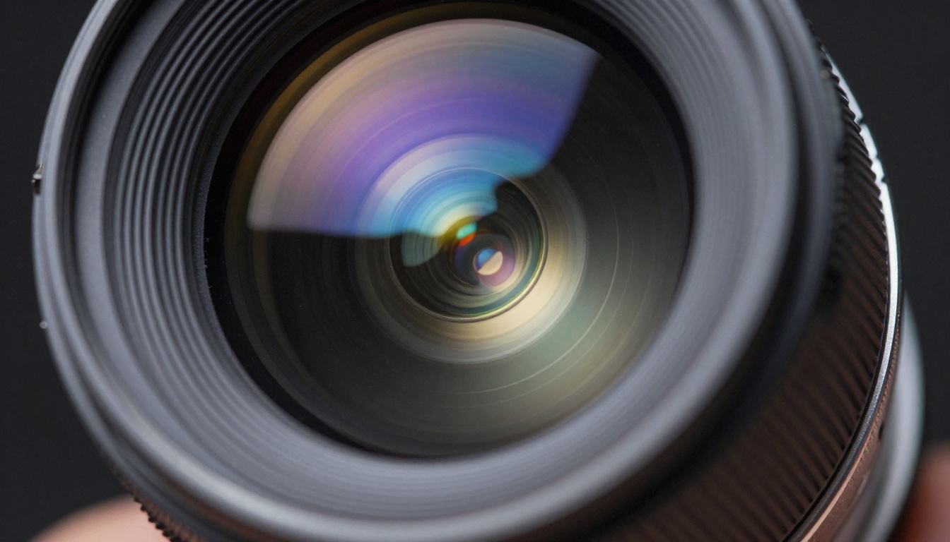 Macro close-up of a professional camera lens element showing light refraction through optical glass