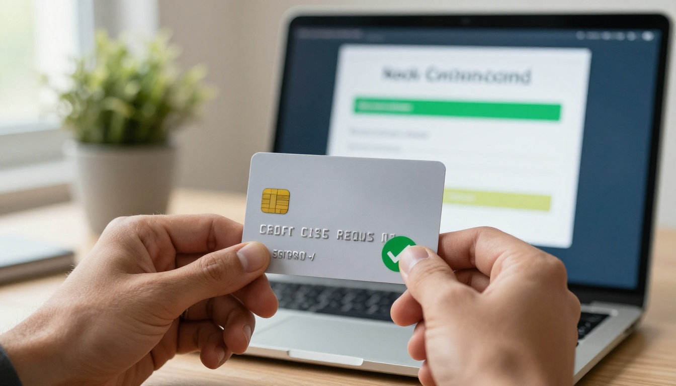 A hand holding a credit card next to a laptop showing a no-payment-required confirmation