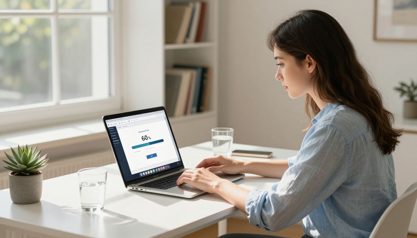 Young professional woman uploading a video file to an AI processing platform on a laptop in a bright home office