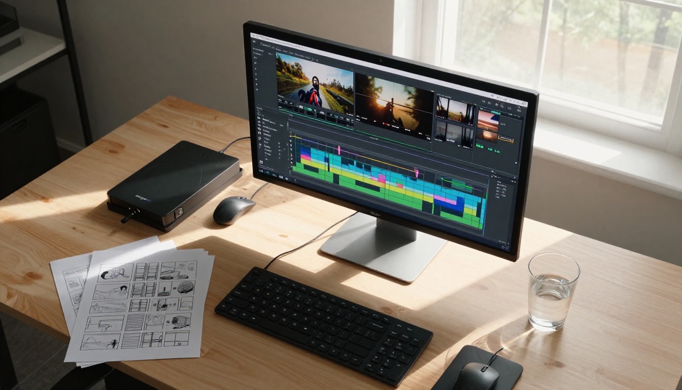 Aerial view of a videographer's desk with editing timeline and storyboards