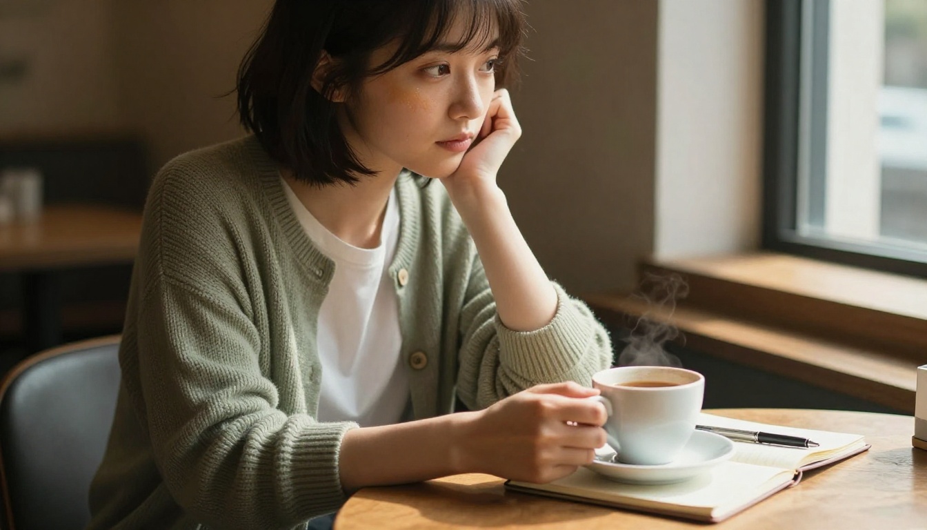 Dandere personality type: a young woman with short dark hair sitting alone in a warm cafe, hands around a cup of tea Dandere personality type: a young woman with short dark hair sitting alone in a warm cafe, hands around a cup of tea