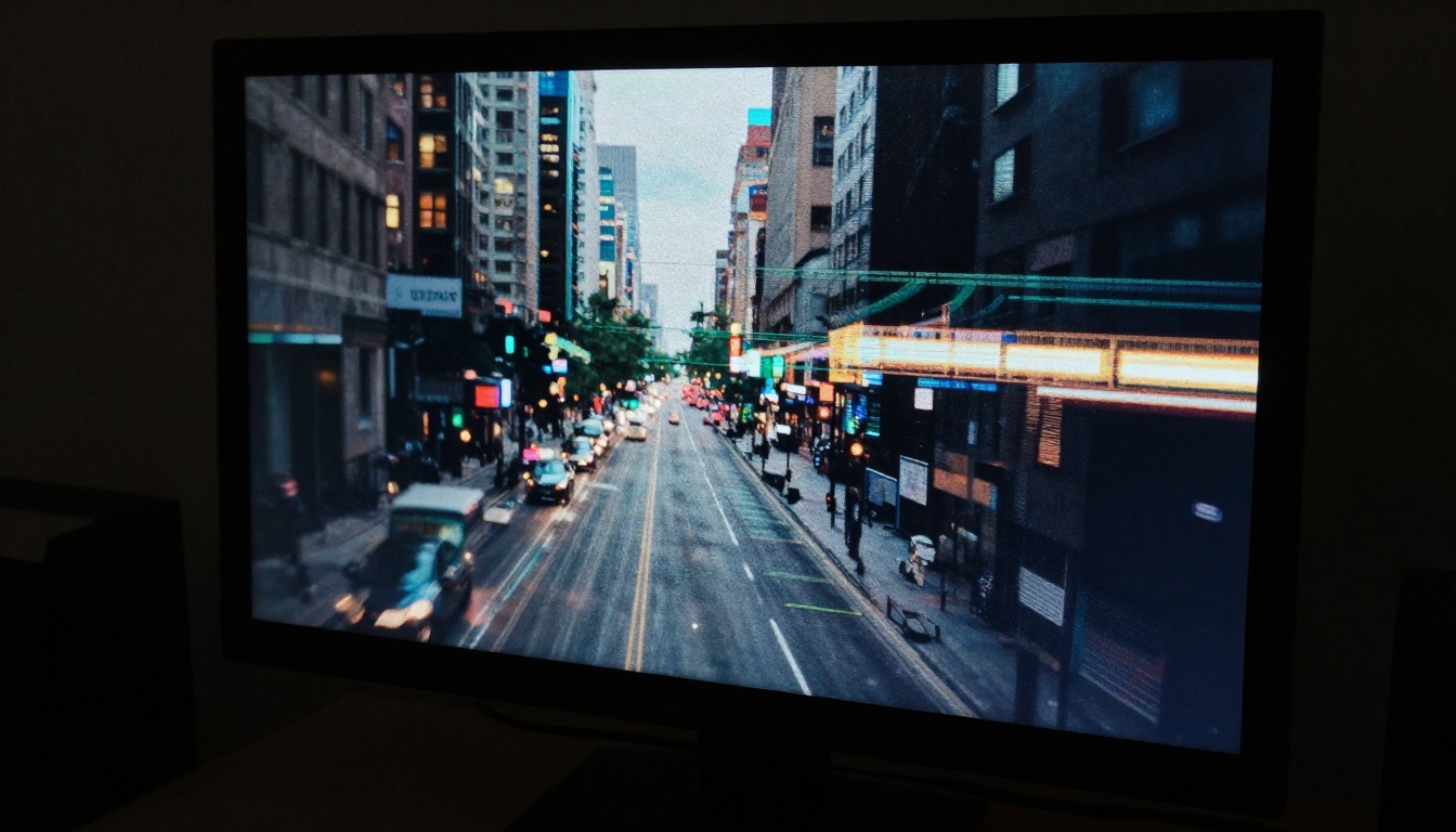 Close-up of a computer monitor showing video compression artifacts and macroblocking on footage