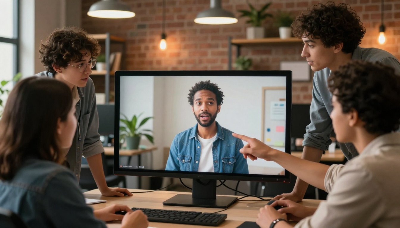 Creative agency team reviewing AI video on a wall-mounted screen