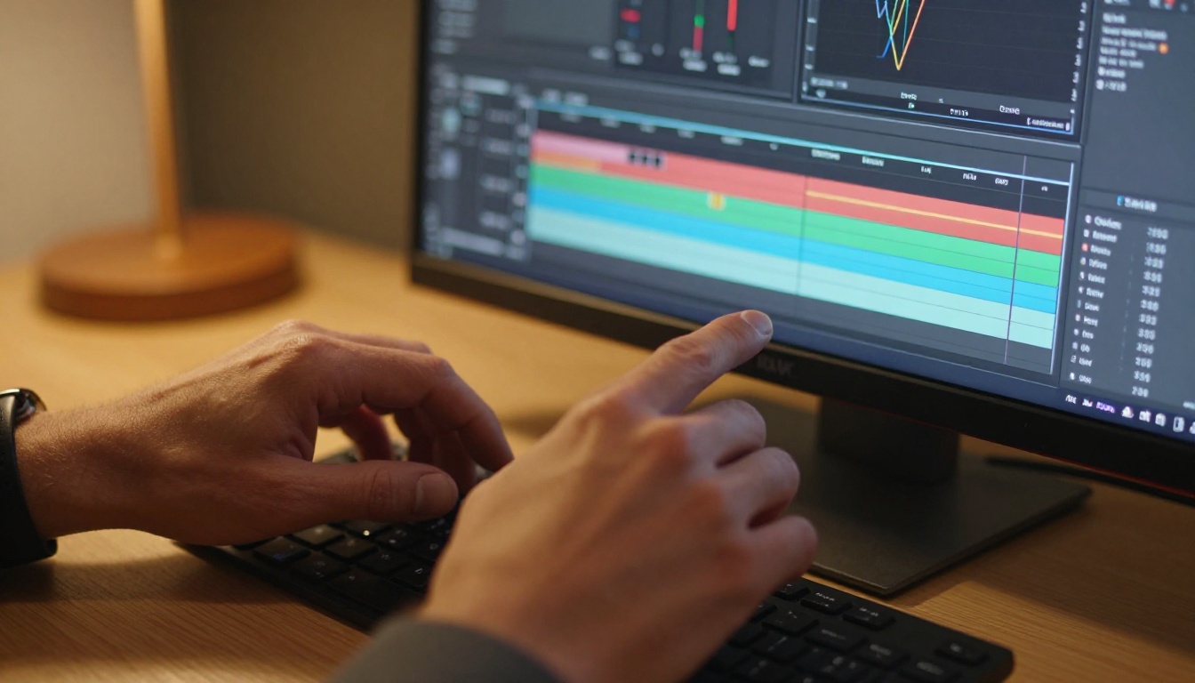 Close-up of hands adjusting video processing sliders on professional editing software on a touchscreen display