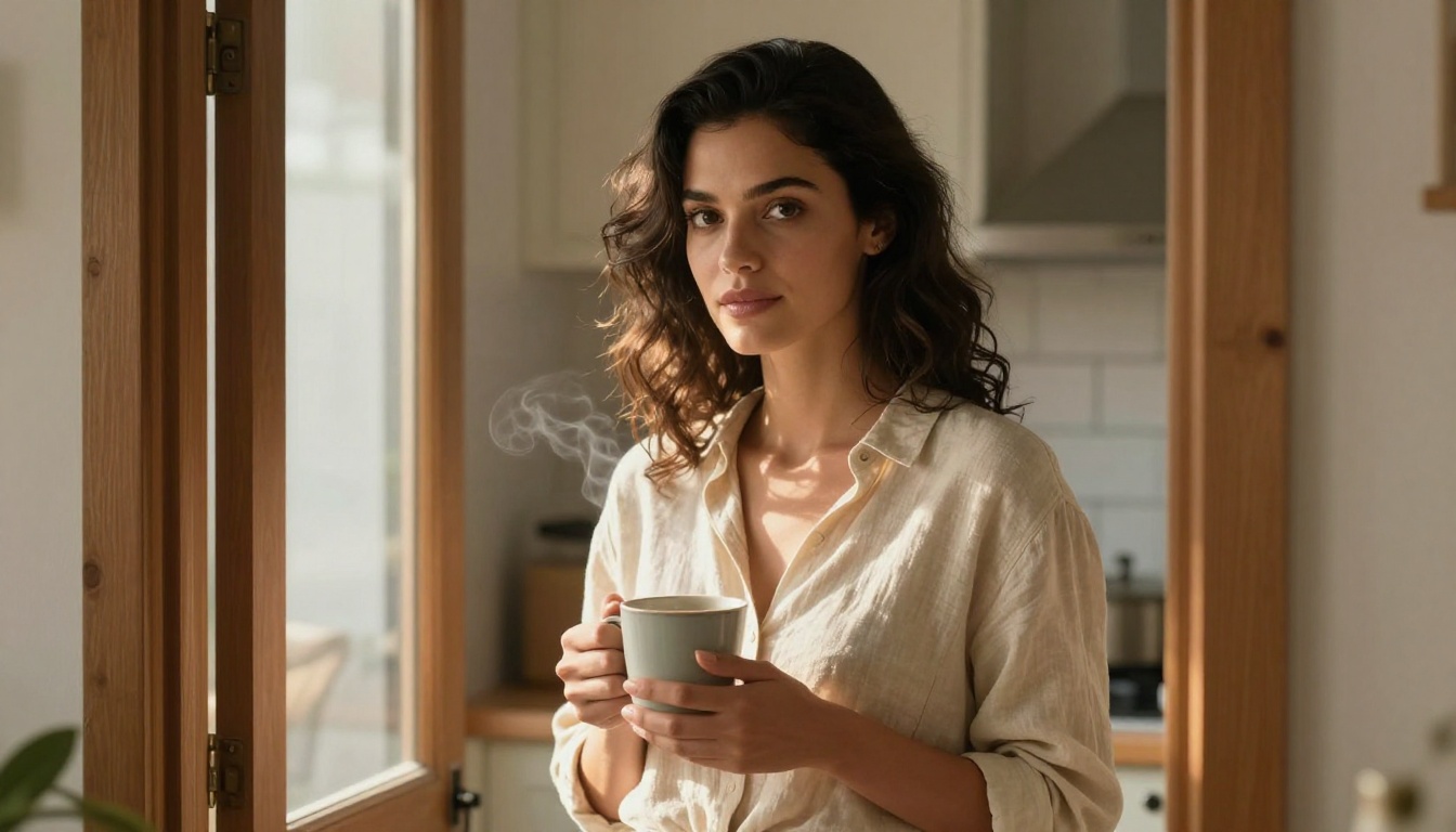 Onee-san personality type: a confident woman with wavy dark hair standing in a sunlit kitchen doorway, holding a mug Onee-san personality type: a confident woman with wavy dark hair standing in a sunlit kitchen doorway, holding a mug