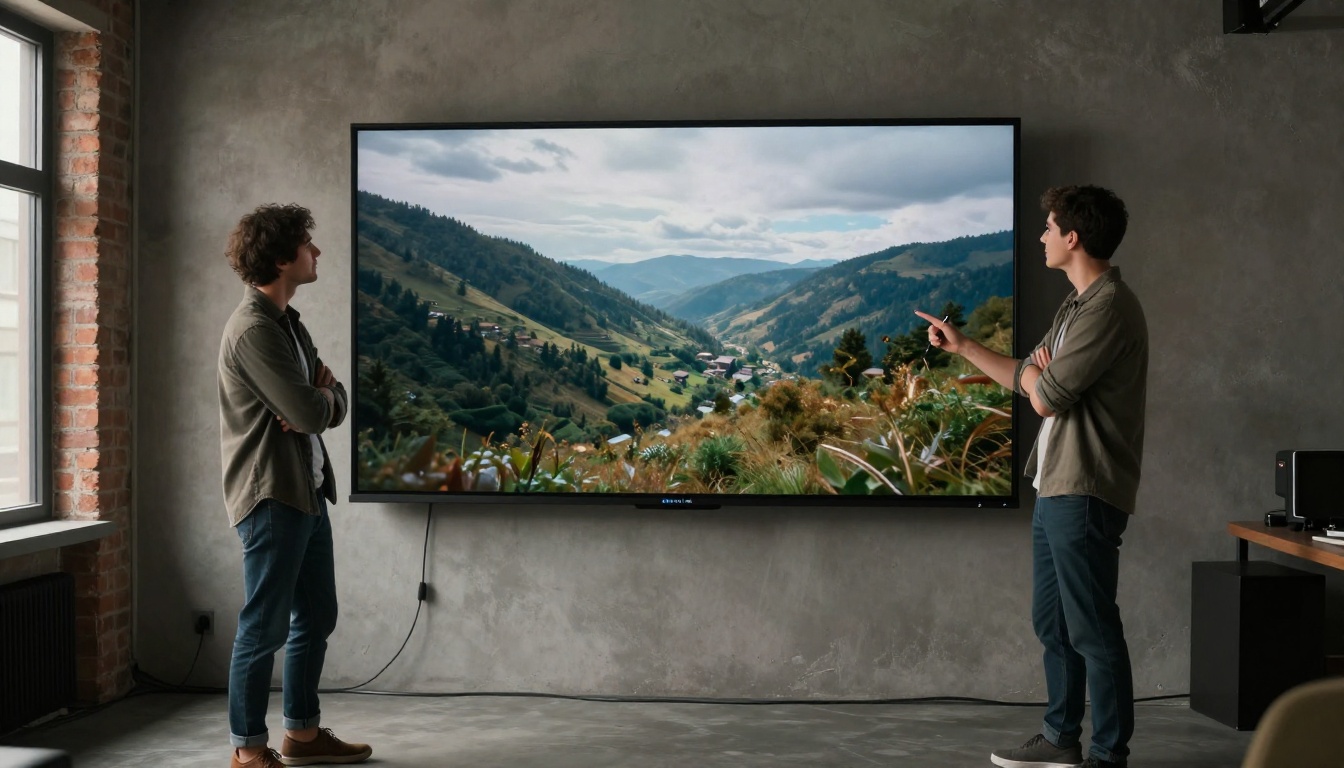 Two creative professionals reviewing ultra-sharp video footage on a large 4K reference monitor in a studio