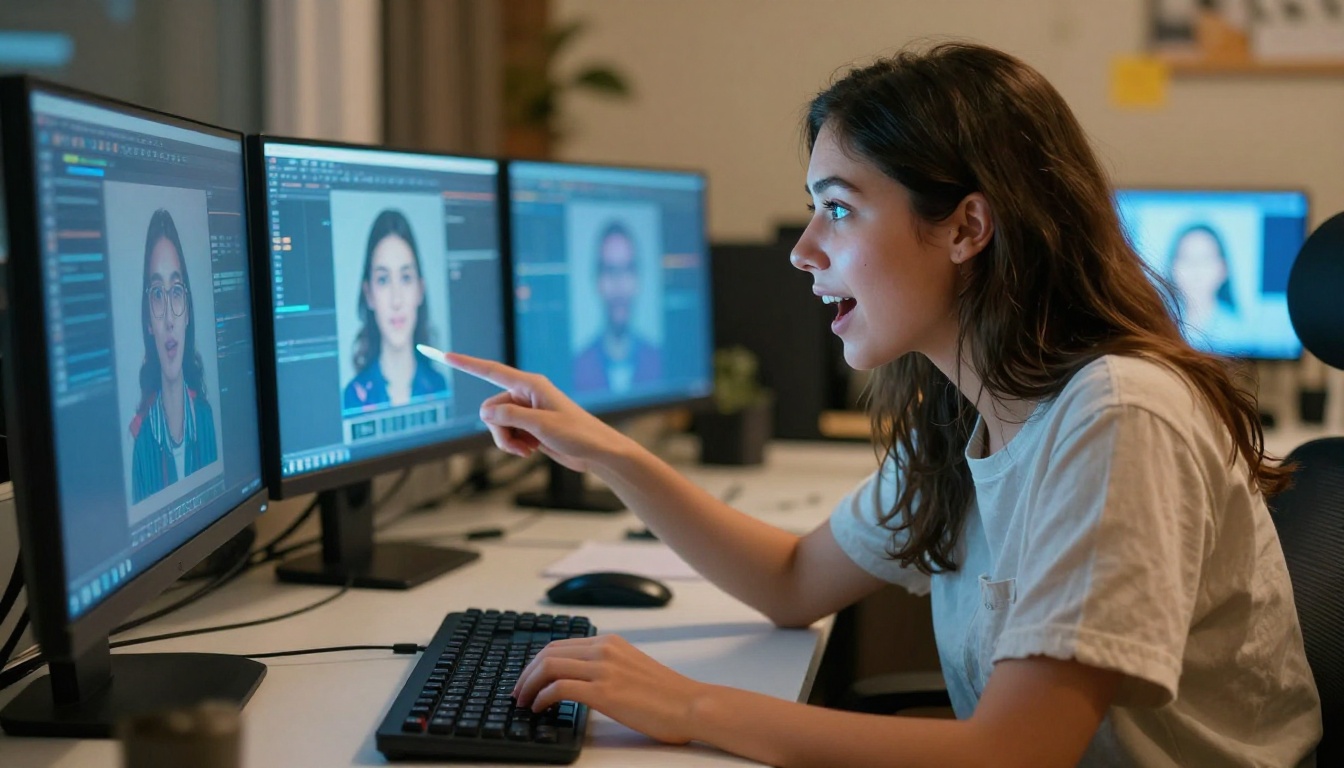 A young woman leaning forward with focus and excitement as AI-generated portraits fill multiple screens around her A young woman leaning forward with focus and excitement as AI-generated portraits fill multiple screens around her