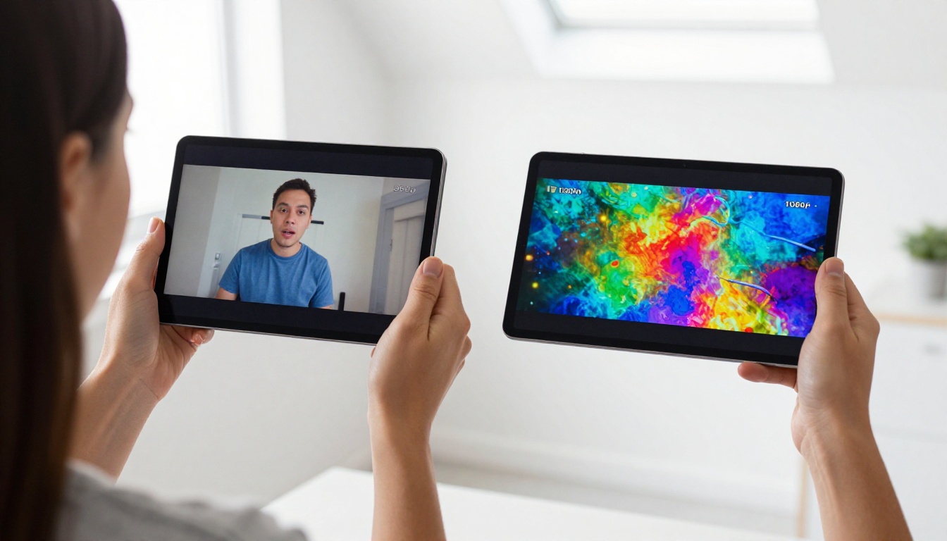 Young woman comparing low-res vs high-res AI video on two tablets