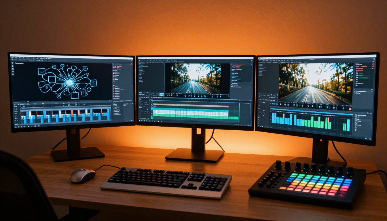 Wide angle shot of a triple-monitor video editing workstation with AI processing dashboards and timeline views