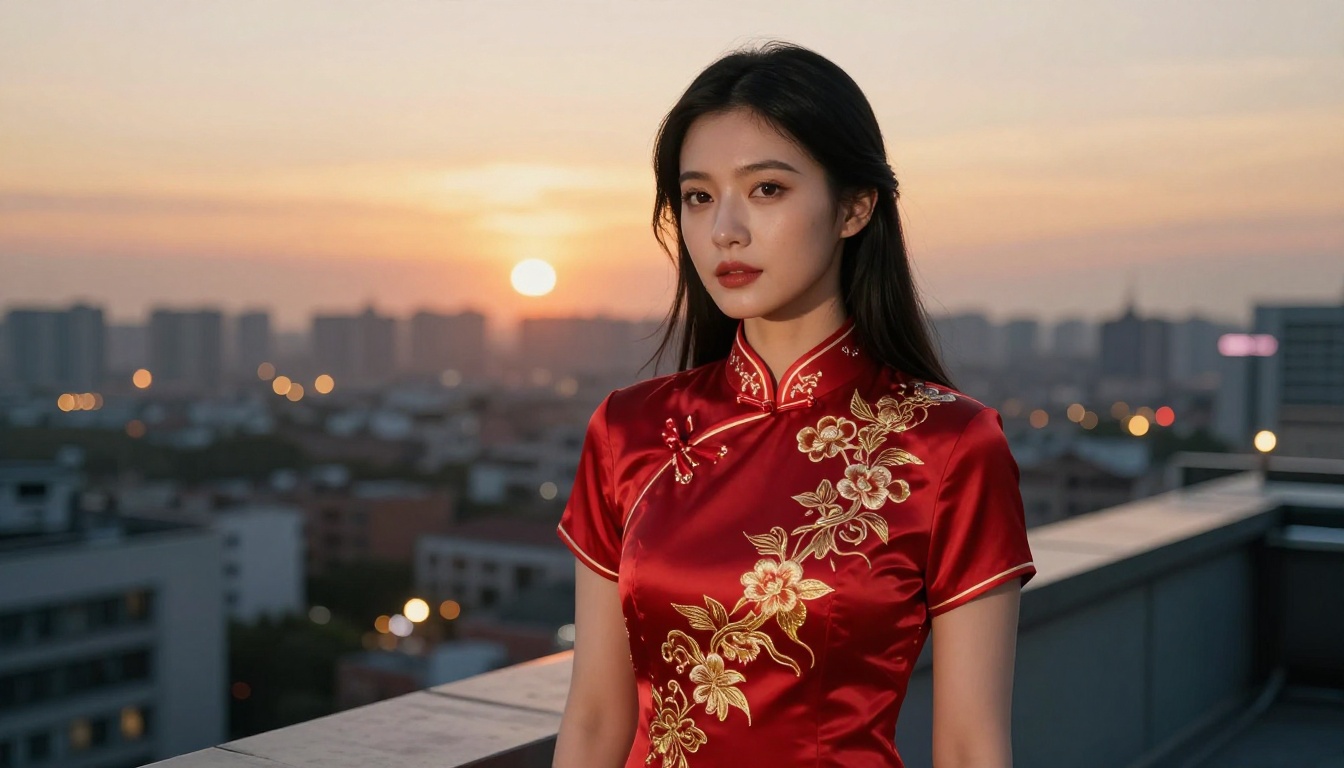 A woman in a red cheongsam on a rooftop terrace at dusk, city lights blooming in the bokeh behind her A woman in a red cheongsam on a rooftop terrace at dusk, city lights blooming in the bokeh behind her