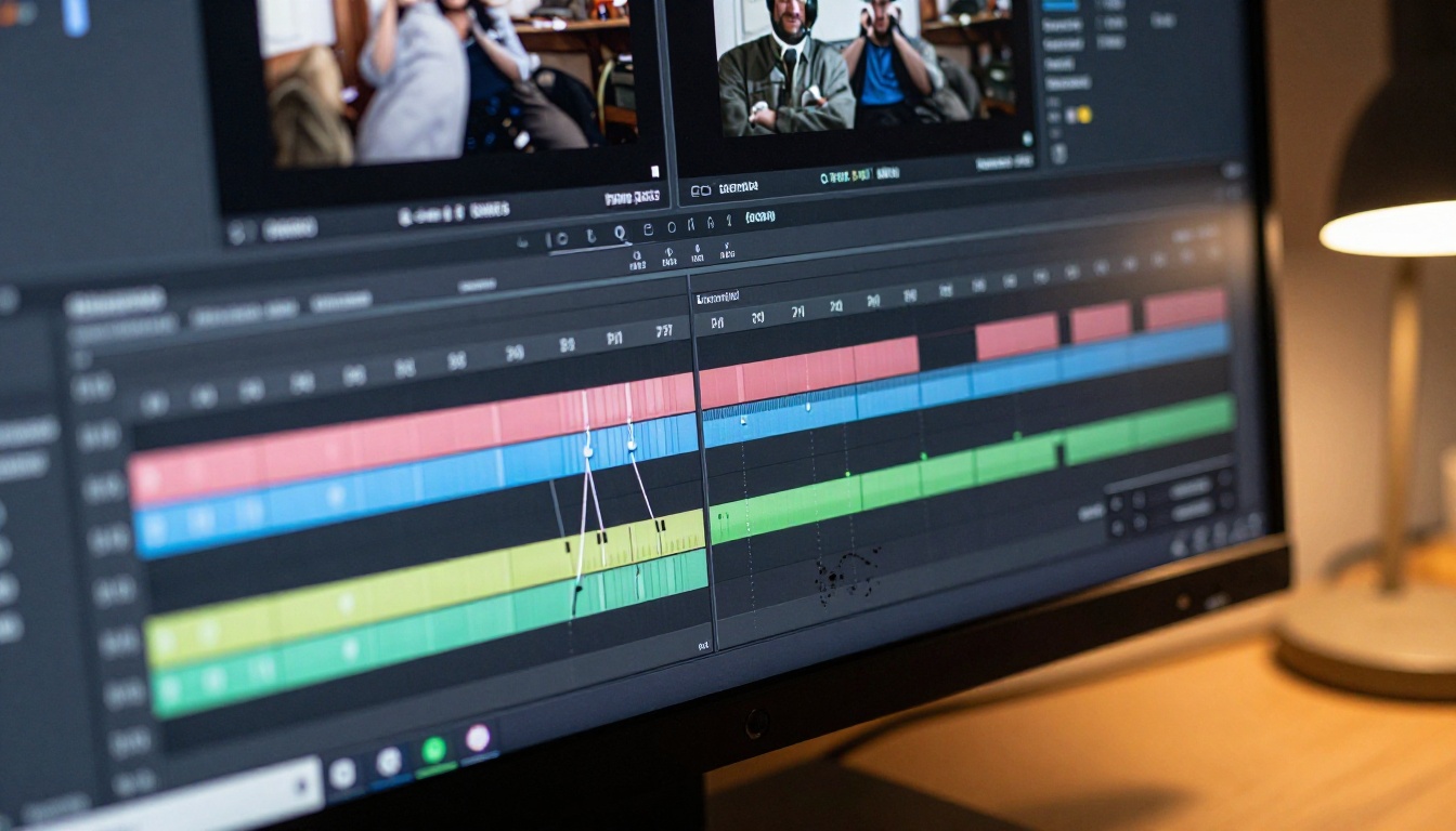 Macro close-up of a video timeline in professional editing software showing AI processing filter layers and keyframes