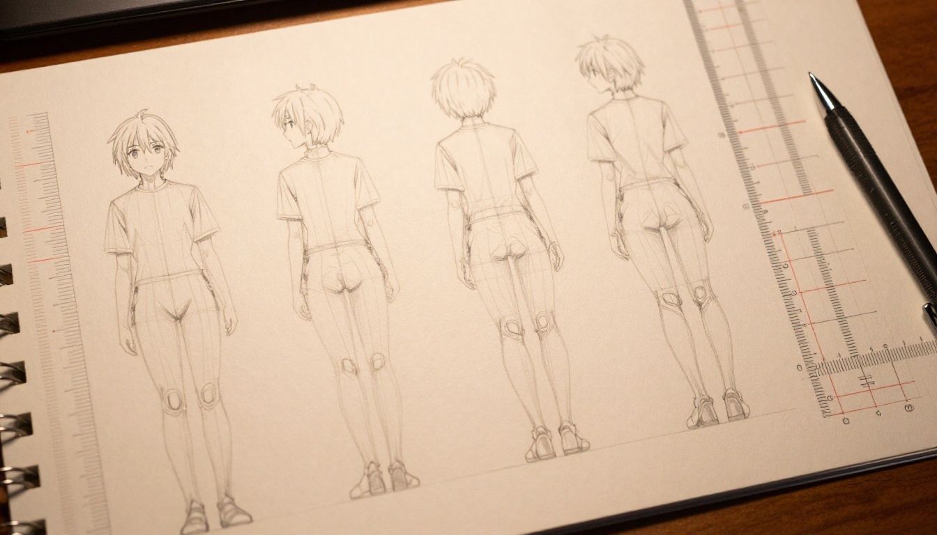 Anime character reference sheets spread on a light box with orthographic views, pencil annotations, and film grain texture