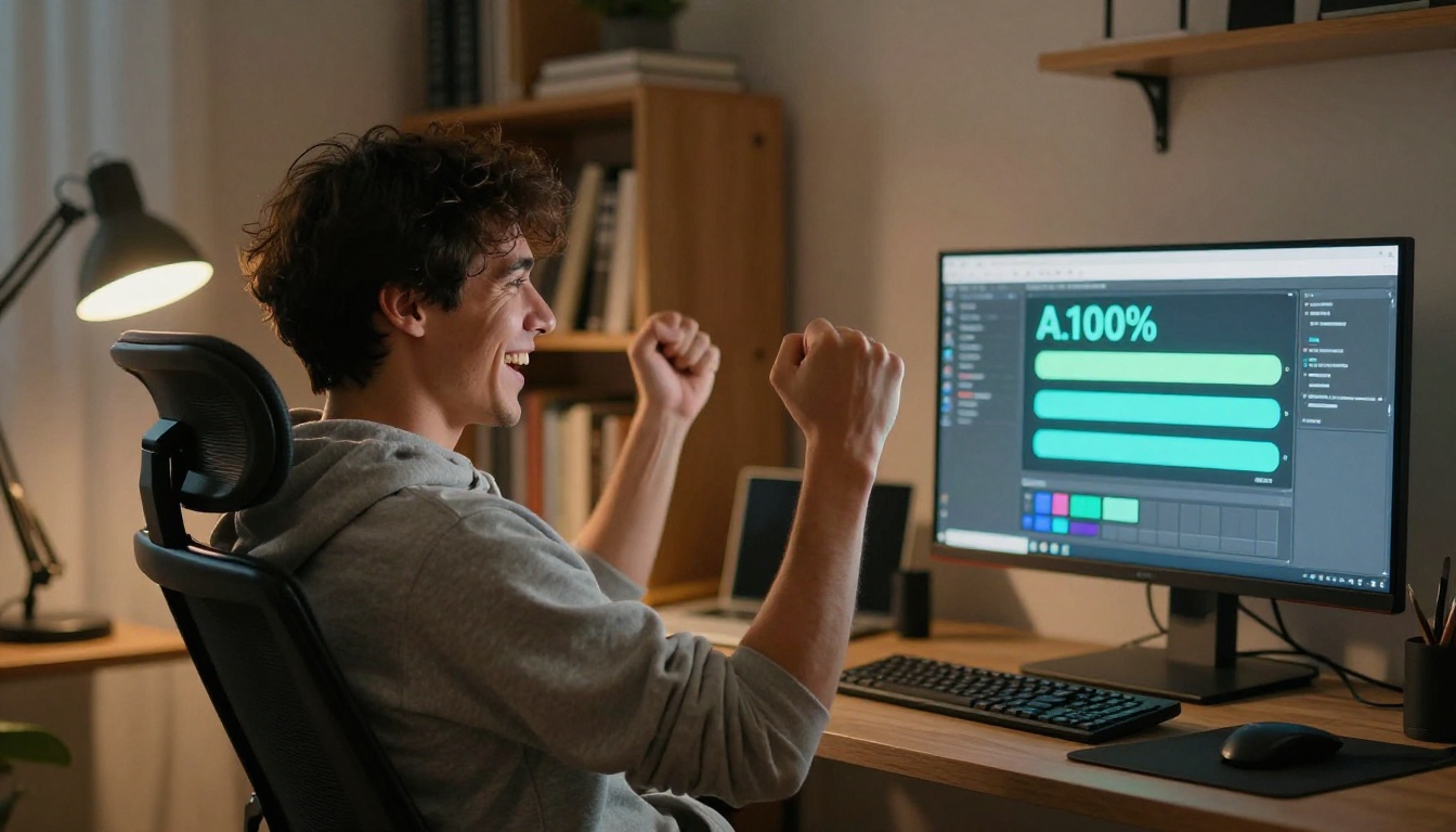 Young man celebrating a completed AI video export at his desk