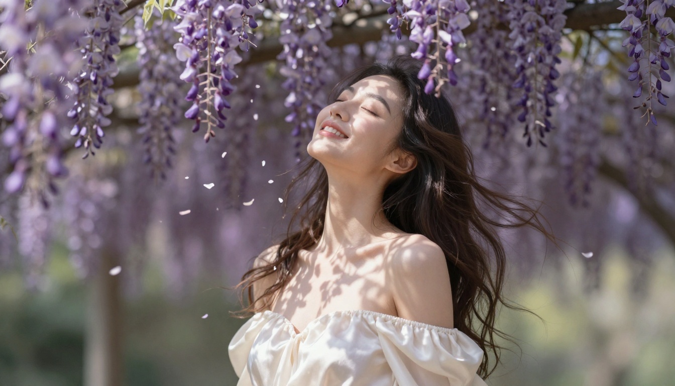 A woman in ivory silk surrounded by cascading wisteria in full bloom, face tilted toward dappled sunlight A woman in ivory silk surrounded by cascading wisteria in full bloom, face tilted toward dappled sunlight