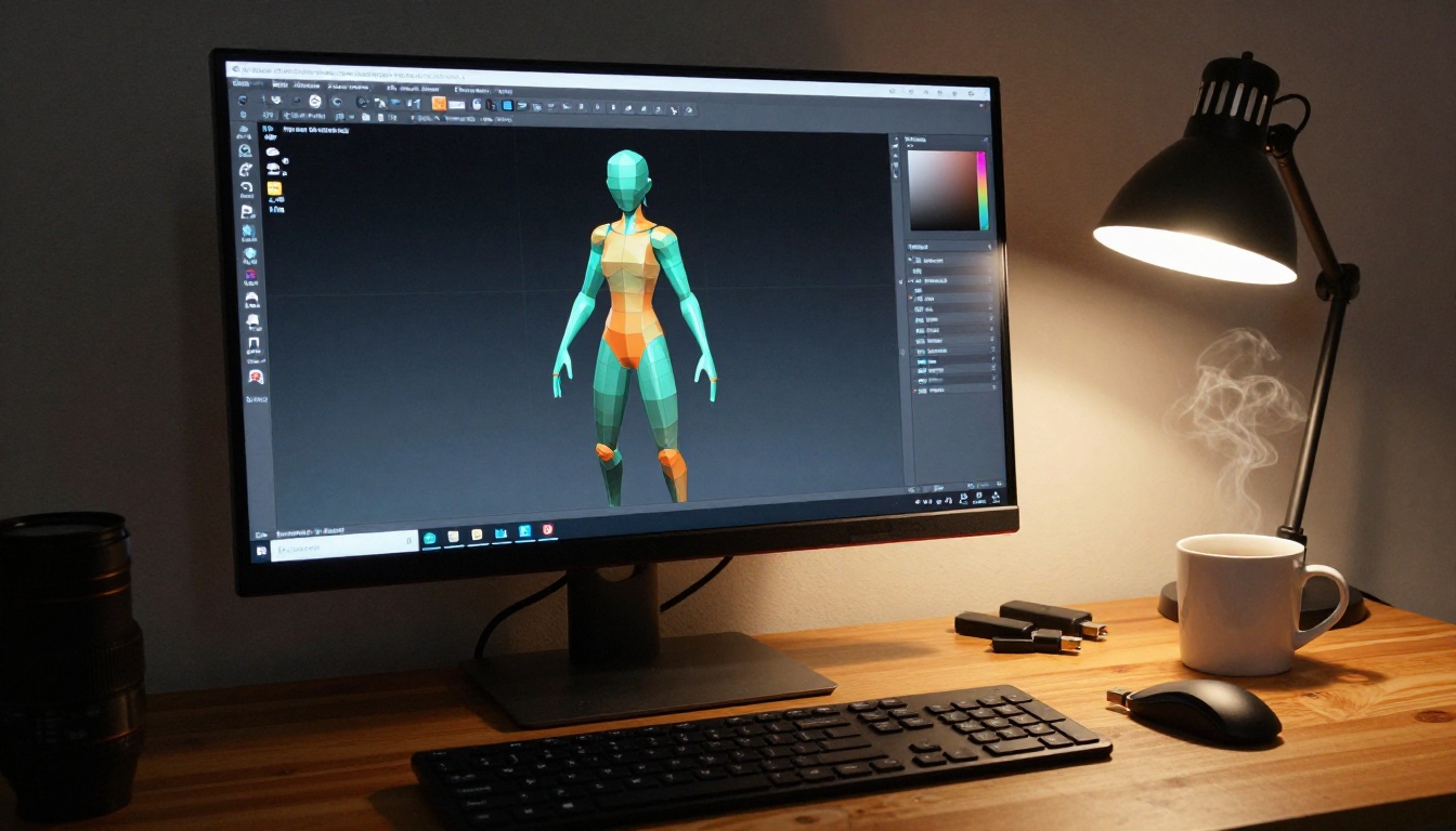 3D artist's workstation with Blender showing anime wireframe mesh, physical anime figure on desk, Kodak Portra 400 film grain