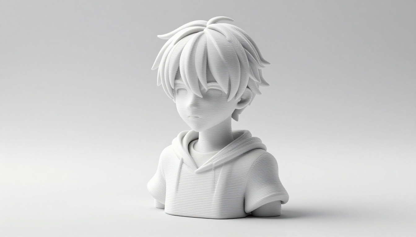 3D printed white PLA anime figurine prototype on white studio table, directional 45-degree key light revealing surface topology and layer lines, macro lens