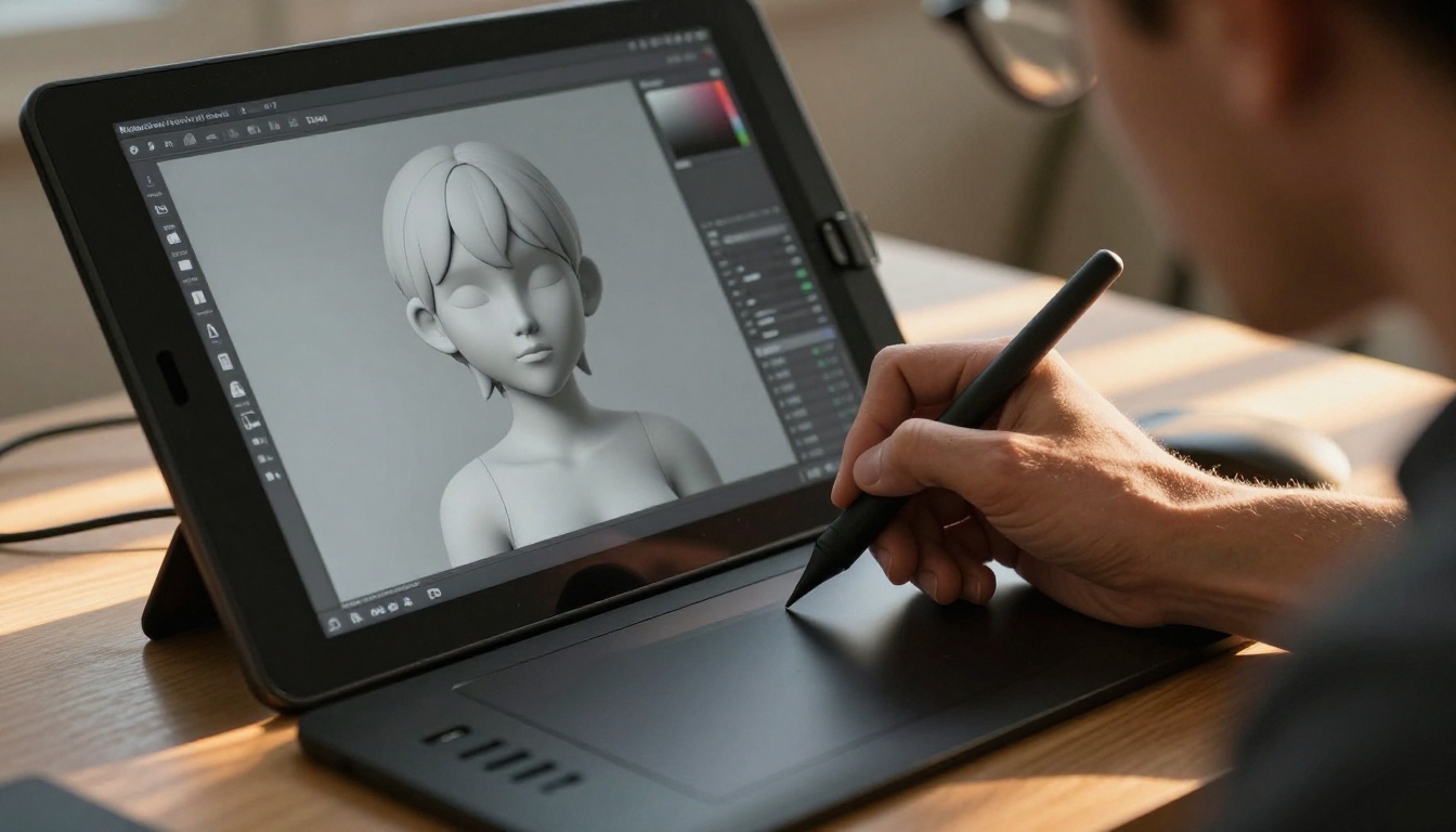 Side profile of a 3D modeler sculpting anime character in ZBrush, stylus in hand, warm sunset light through blinds, 85mm portrait lens