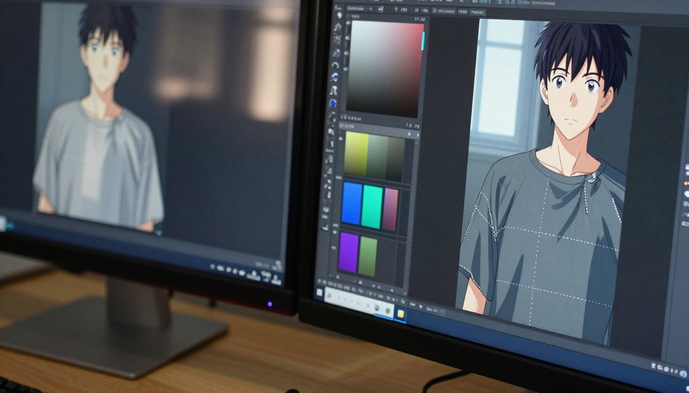 Computer monitor displaying UV unwrapping of an anime 3D character model, colorful UV islands, secondary monitor with original artwork for reference