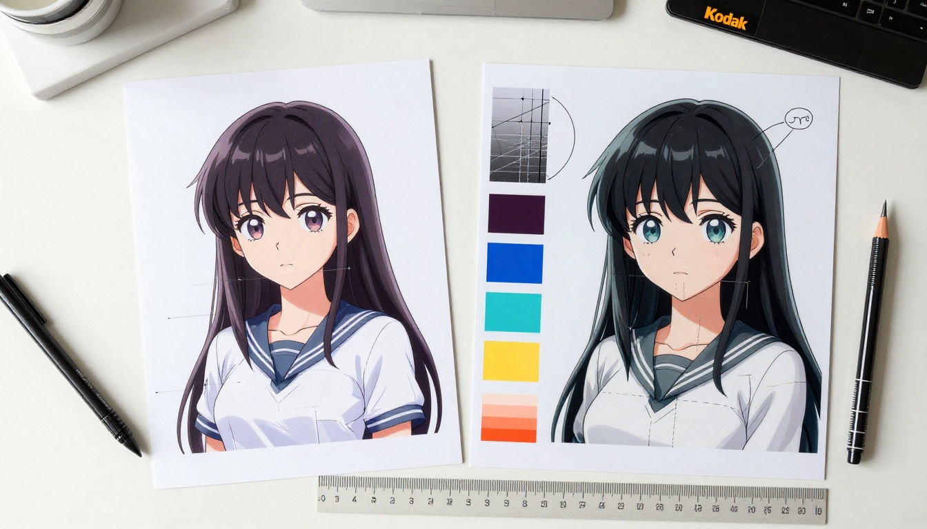 Aerial flat lay of a workspace showing AI-generated anime character print alongside its 3D mesh render comparison, color swatches and ruler, diffused window light