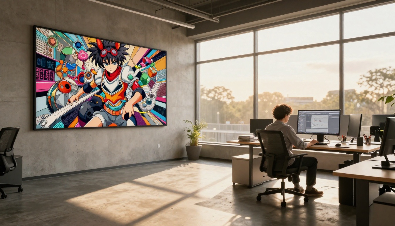 Creative agency office with anime character art on wall, 3D artist at standing desk working on textures, golden hour light through floor-to-ceiling windows