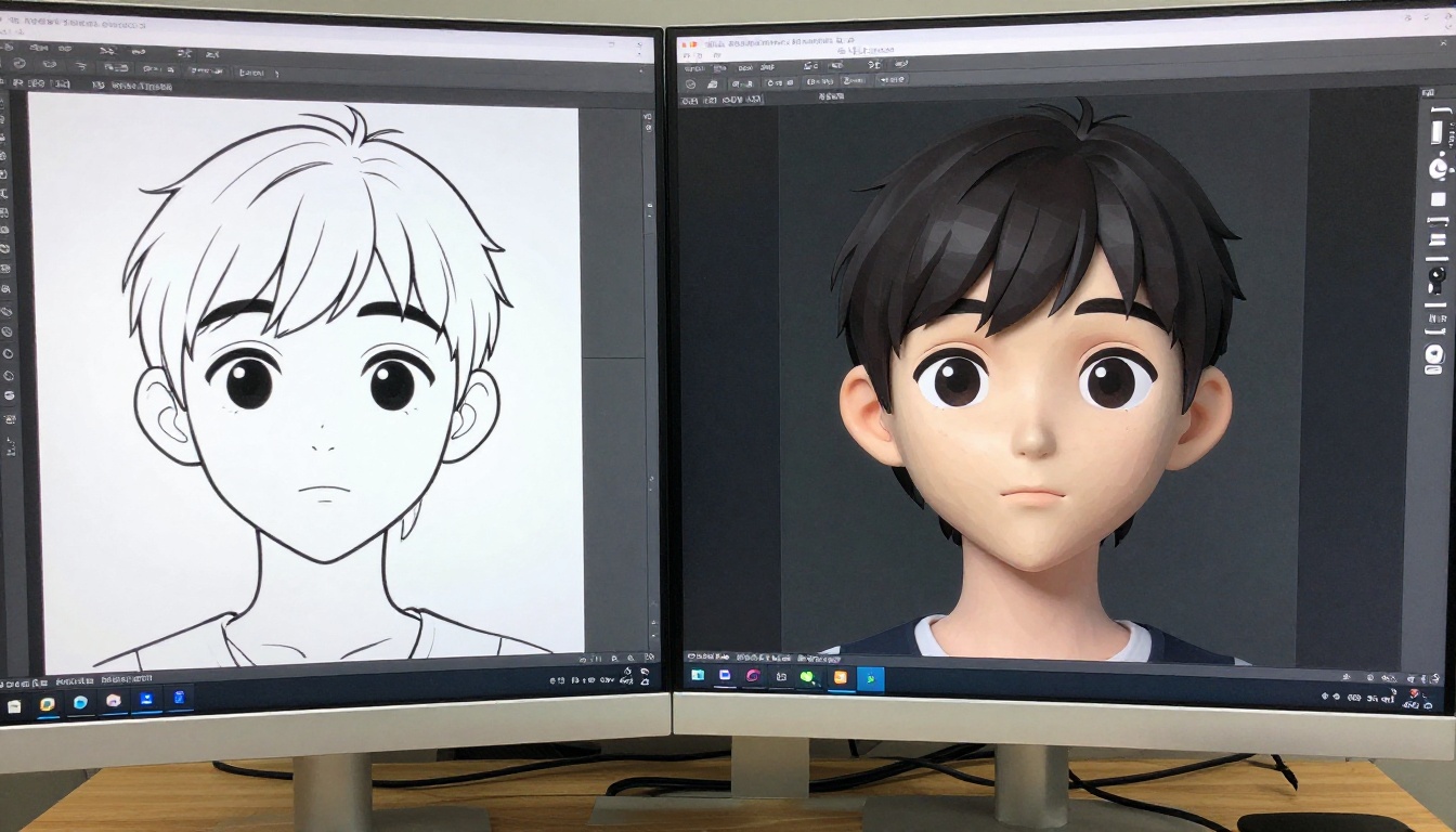 Before and after comparison on two monitors: anime line art face on left versus smooth textured 3D head model on right, natural overhead office light