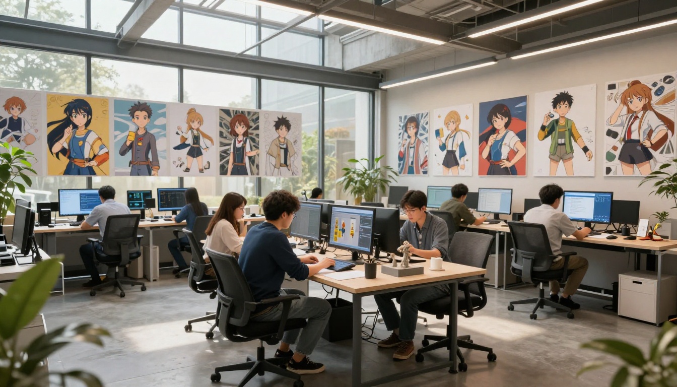 Wide shot of a modern 3D animation studio with multiple workstations, anime character concept art on walls, artists reviewing maquette sculptures, morning skylight