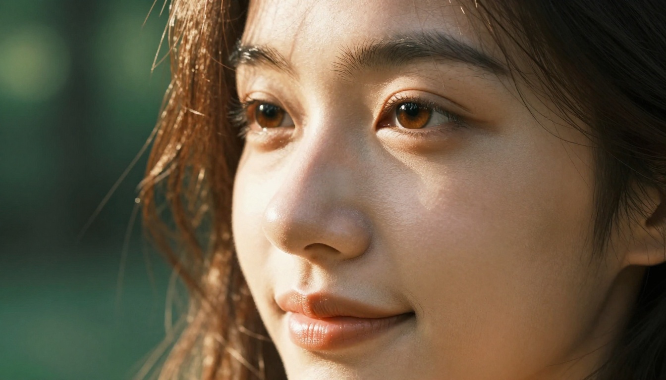 Close-up portrait of AI companion figure with photorealistic skin texture and natural micro-expressions