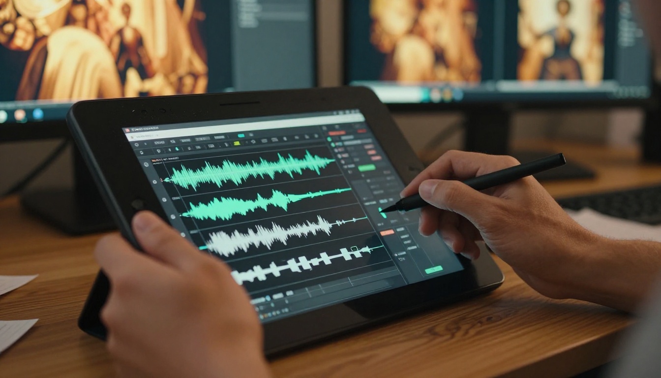 Filmmaker's hands navigating professional drawing tablet with AI video timeline interface
