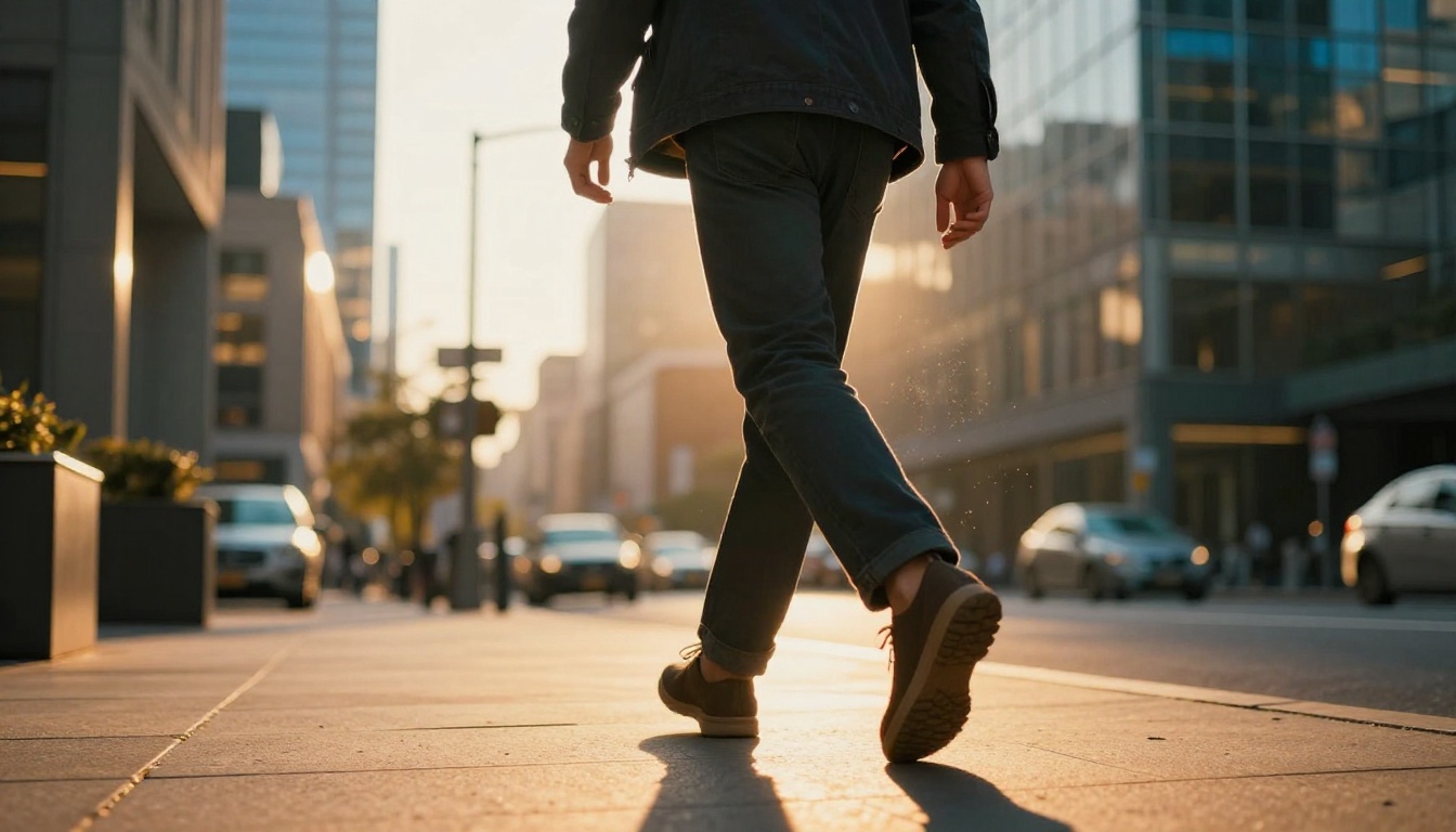 AI companion male figure walking through golden-hour city street, photorealistic low-angle shot