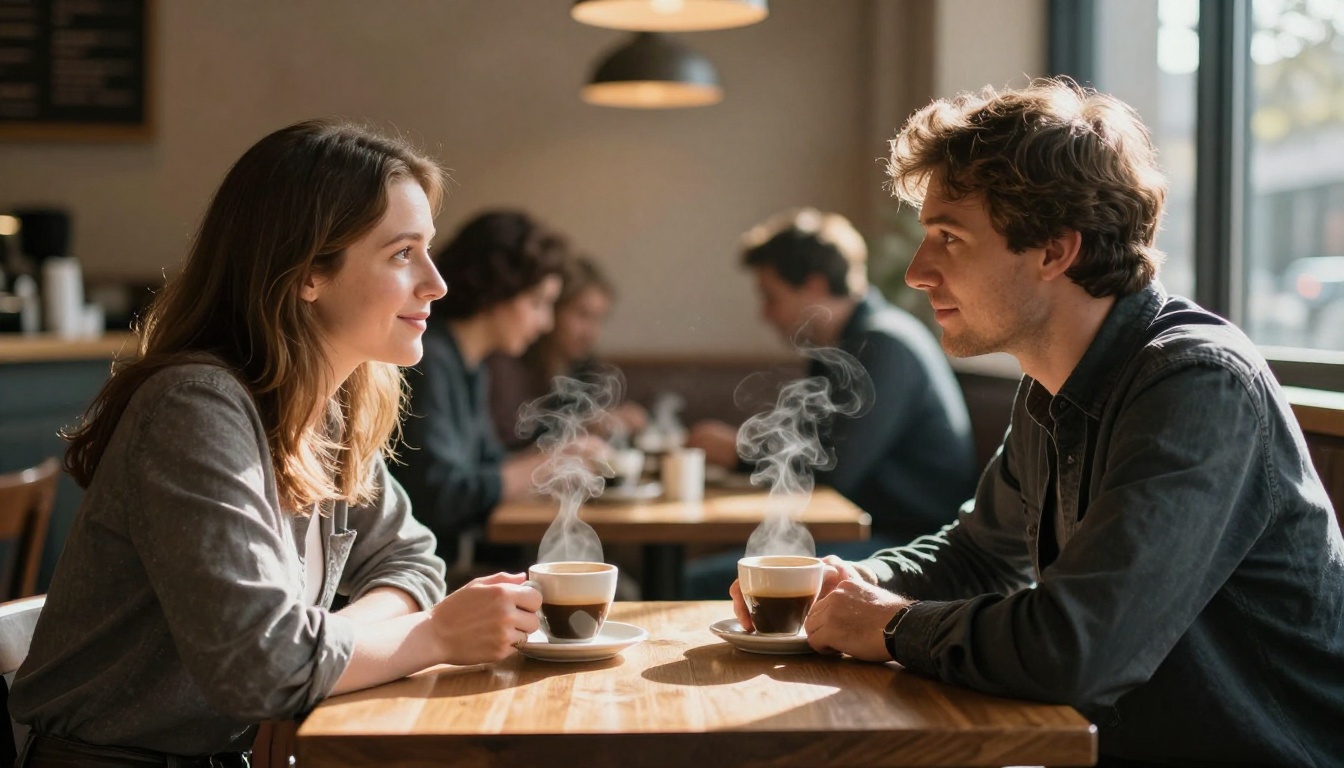 Two photorealistic AI companion figures in natural conversation across a cafe table