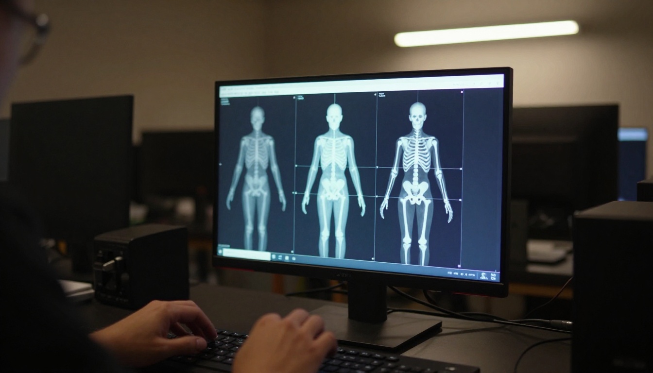 Motion capture wireframes overlaid on photorealistic human figure displayed on dark lab monitor