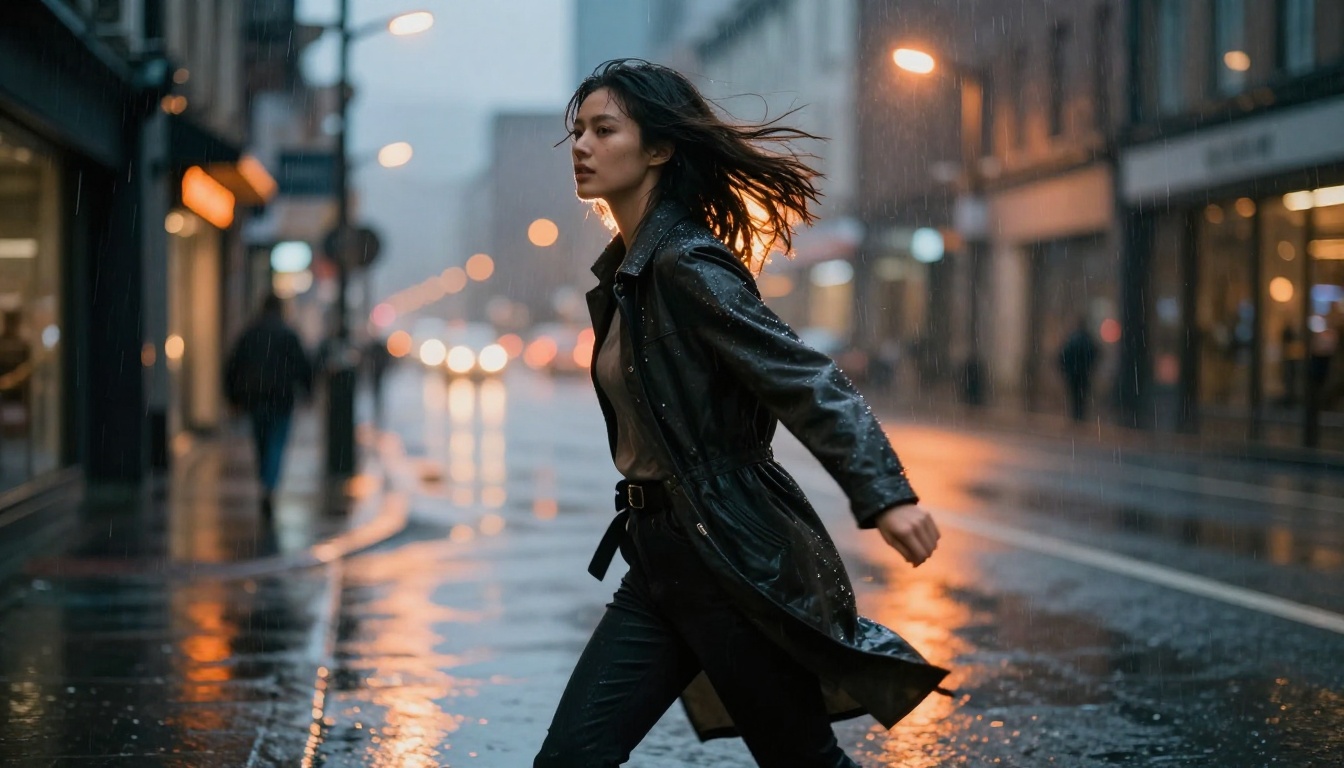 Photorealistic AI companion woman running through rain-soaked urban street at dusk