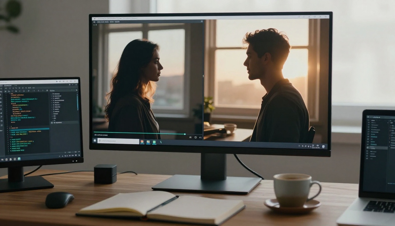 Developer reviewing AI companion video comparison on widescreen monitor at standing desk