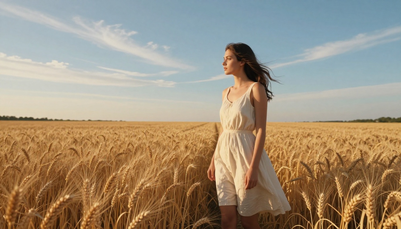 Young woman AI companion figure standing alone in open wheat field at late afternoon golden hour