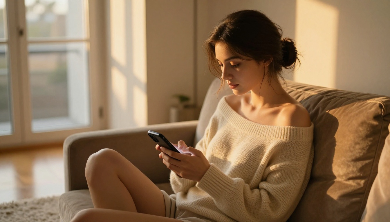 Woman relaxing and chatting on phone in warm bedroom atmosphere