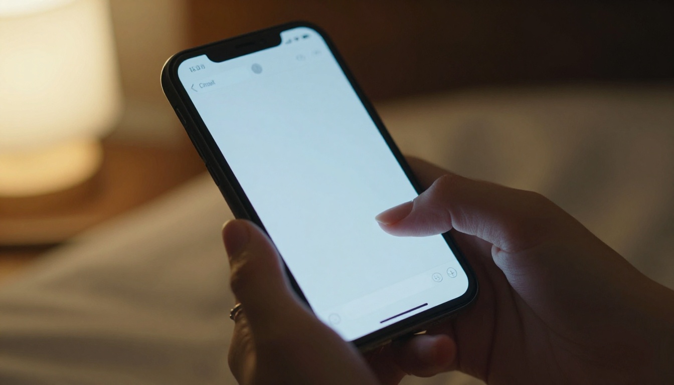 Close-up of hands holding phone with chat interface glowing softly
