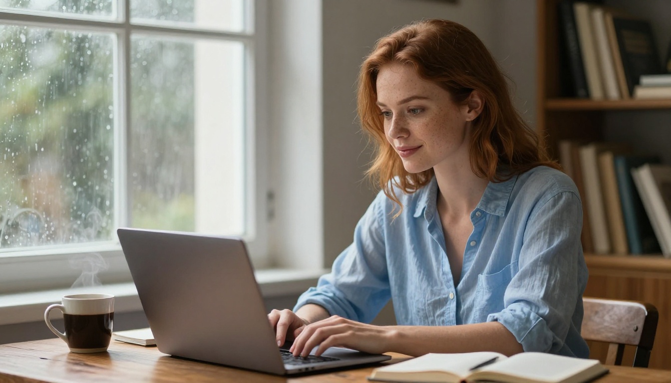 Woman at desk near window thoughtfully engaging with laptop