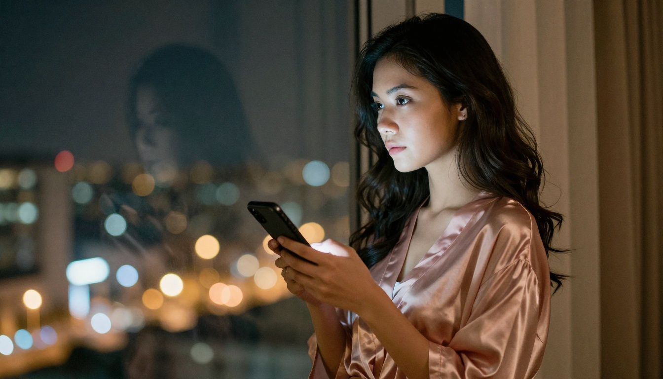 Woman in silk robe at night window dreaming while holding phone