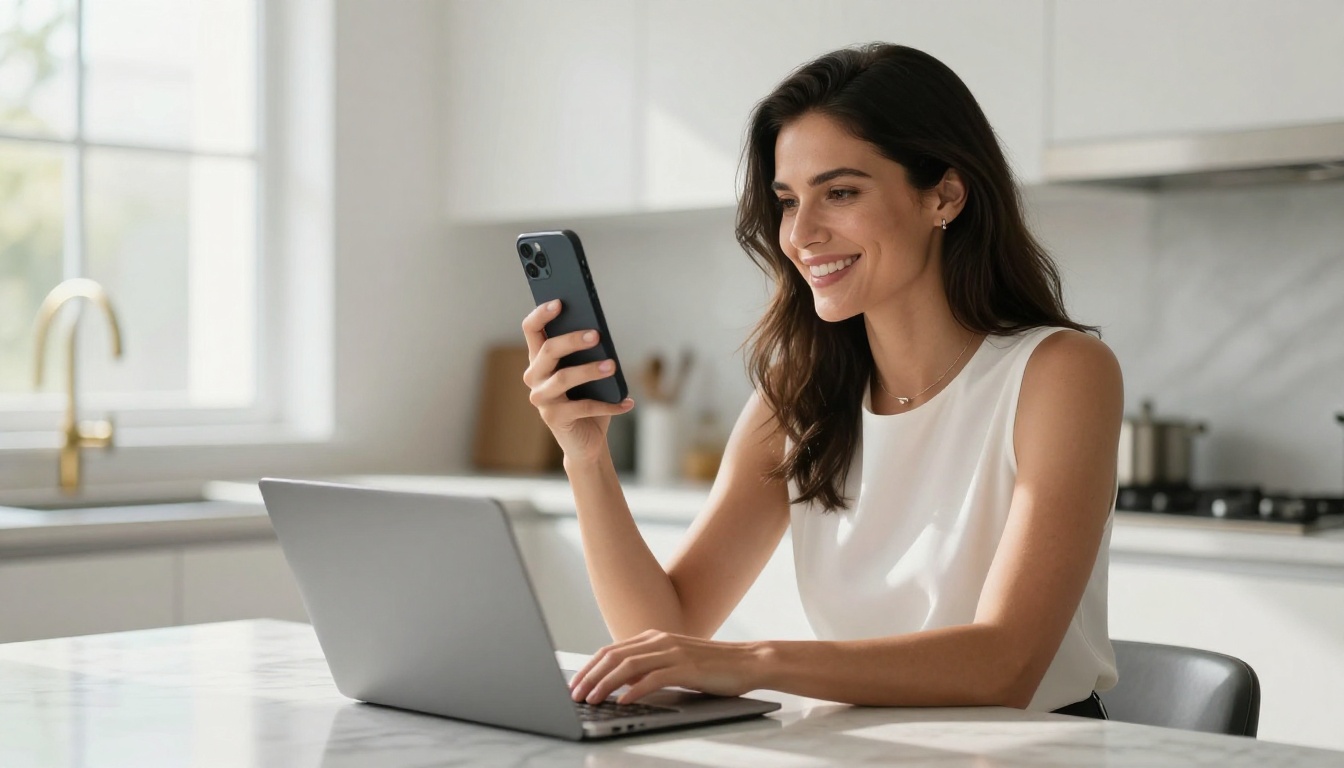 Confident woman smiling at phone in bright modern kitchen