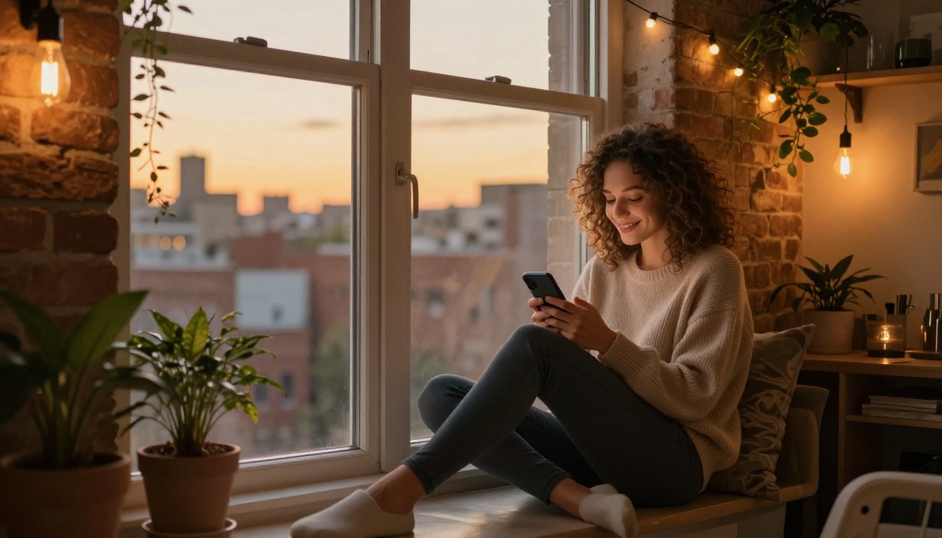 Woman with curly hair sitting on windowsill at dusk smiling at phone
