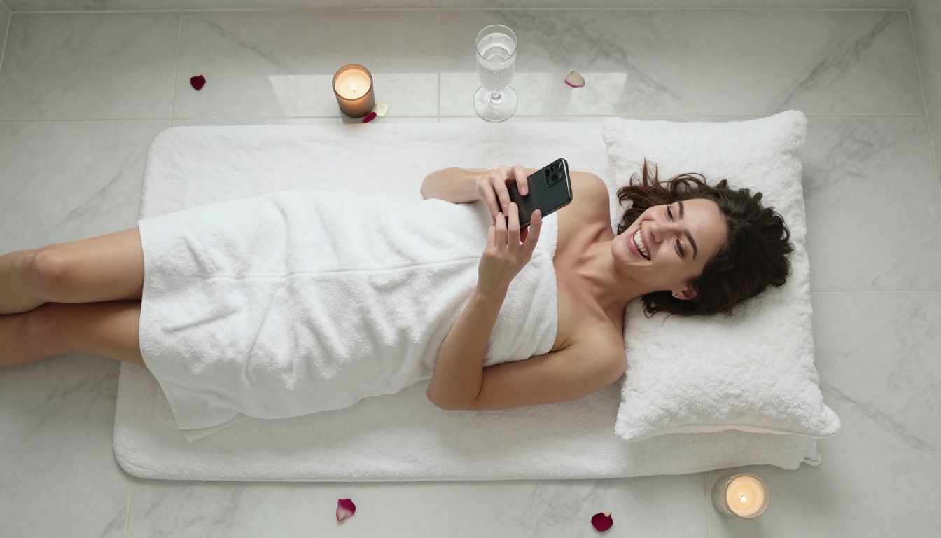 Overhead view of woman laughing at phone lying on bath mat with spa atmosphere