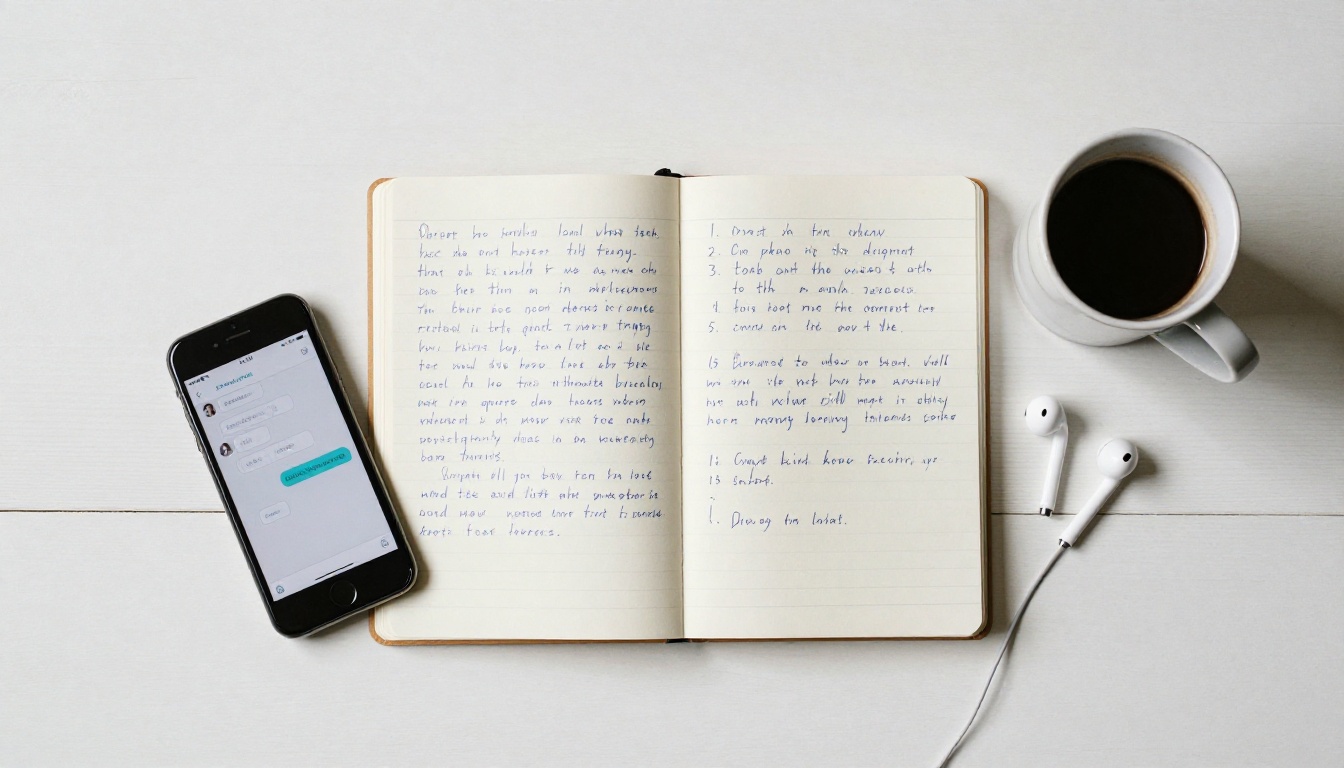 Flat lay of phone, notebook, and coffee showing AI app notes Flat lay of phone, notebook, and coffee showing AI app notes