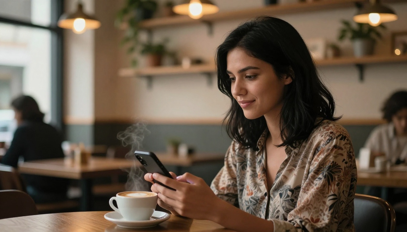 Woman in café booth with coffee looking at phone with intrigued expression
